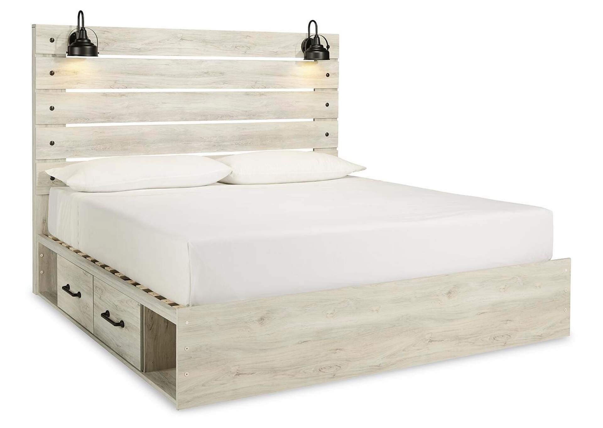 Cambeck King Panel Bed with 4 Storage Drawers with Mirrored Dresser angled view