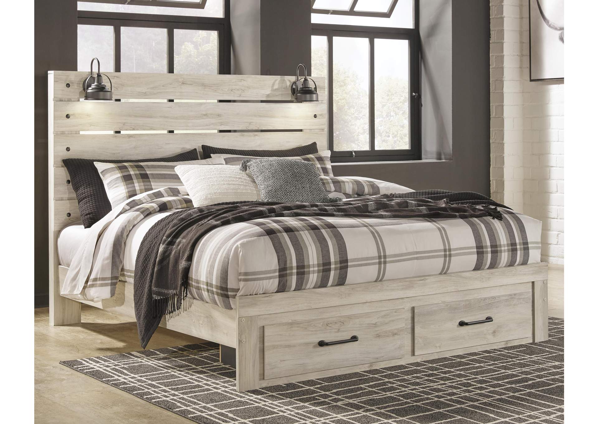 Cambeck King Panel Bed with 2 Storage Drawers with Mirrored Dresser and Chest room view