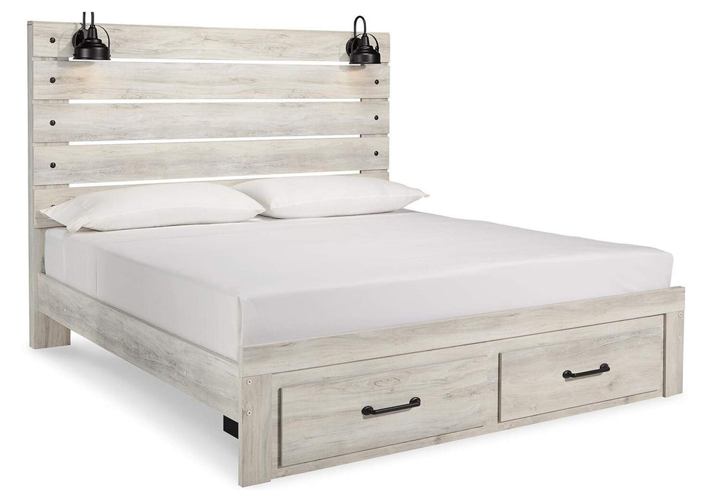 Cambeck King Panel Bed with 2 Storage Drawers with Mirrored Dresser and 2 Nightstands angled view
