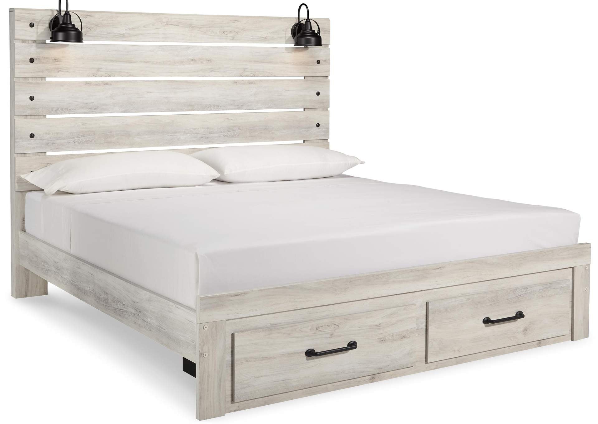 Cambeck King Panel Bed with 2 Storage Drawers with Dresser angled view