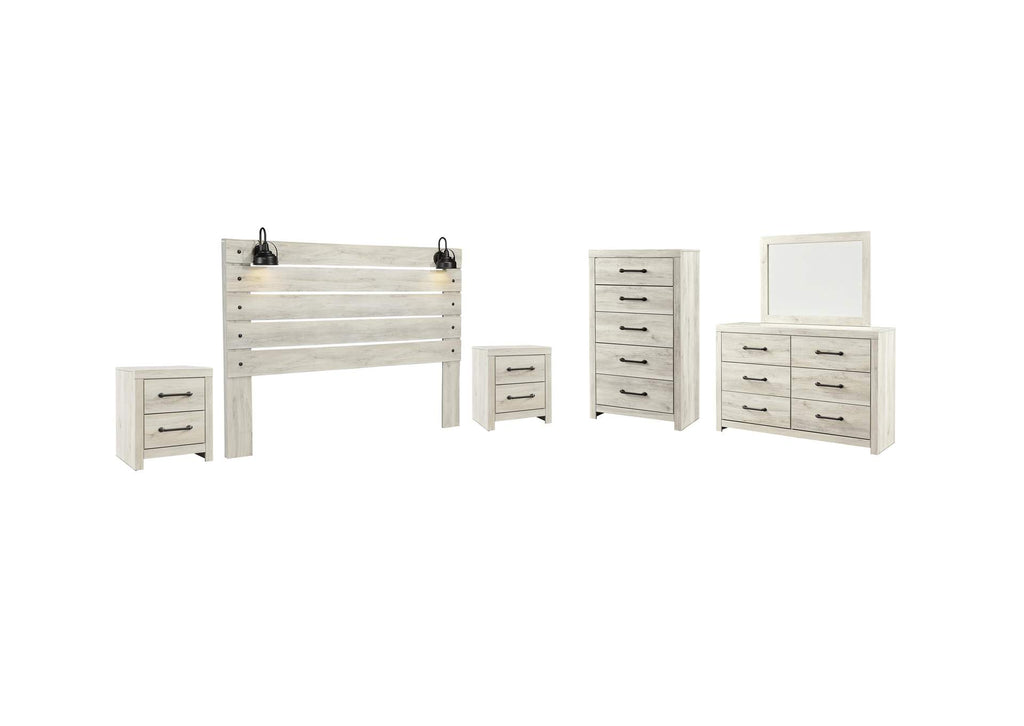Cambeck King Panel Headboard Bed with Mirrored Dresser, Chest and 2 Nightstands