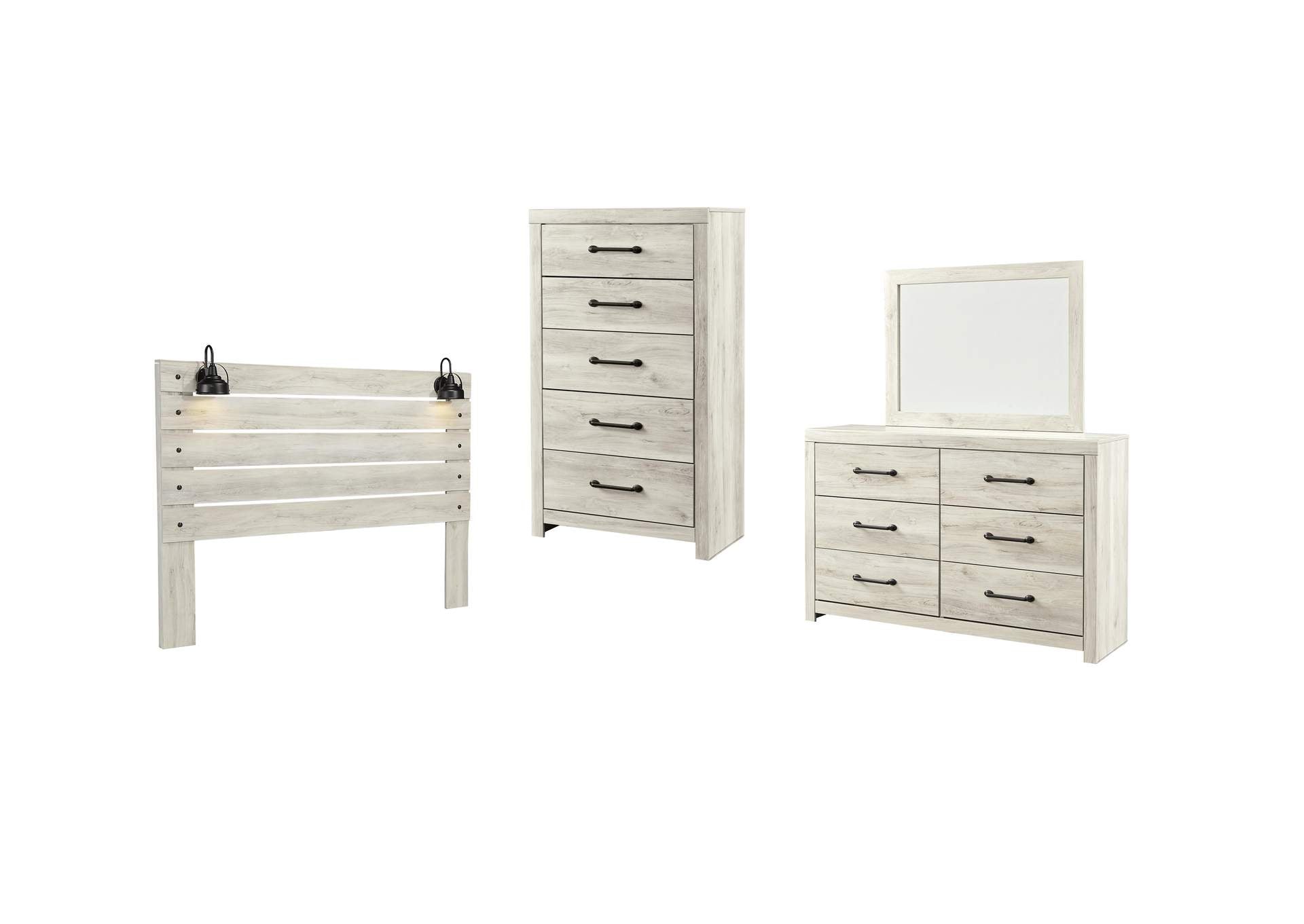 Cambeck King Panel Headboard Bed with Mirrored Dresser, Chest and Nightstand