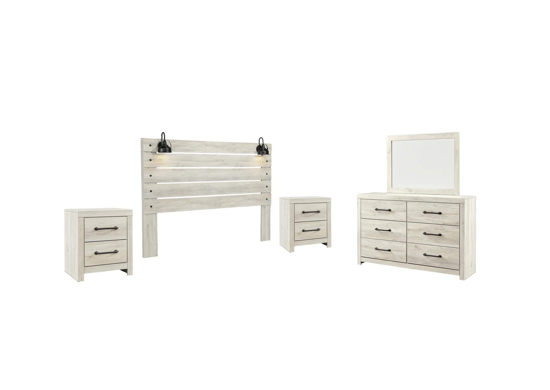 Cambeck King Panel Headboard Bed with Mirrored Dresser and 2 Nightstands