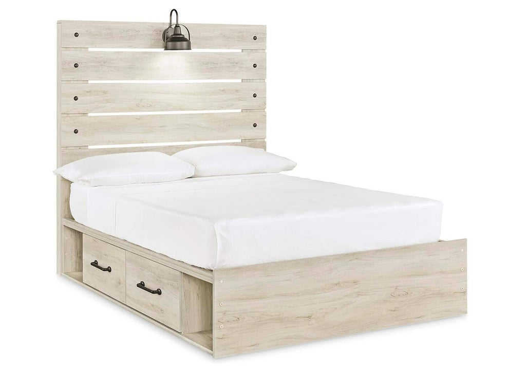 Cambeck Full Panel Bed with 2 Storage Drawers with Mirrored Dresser and Chest angled view