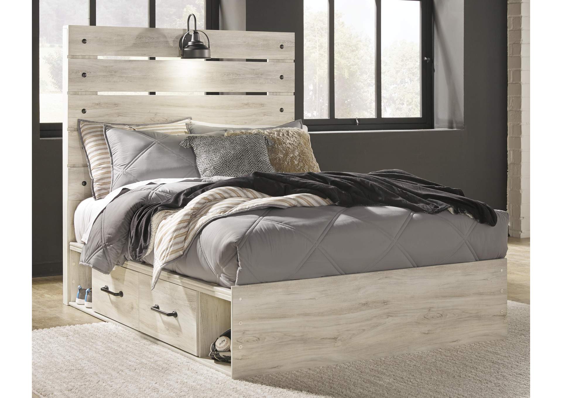 Cambeck Full Panel Bed with 4 Storage Drawers with Mirrored Dresser and 2 Nightstands room view