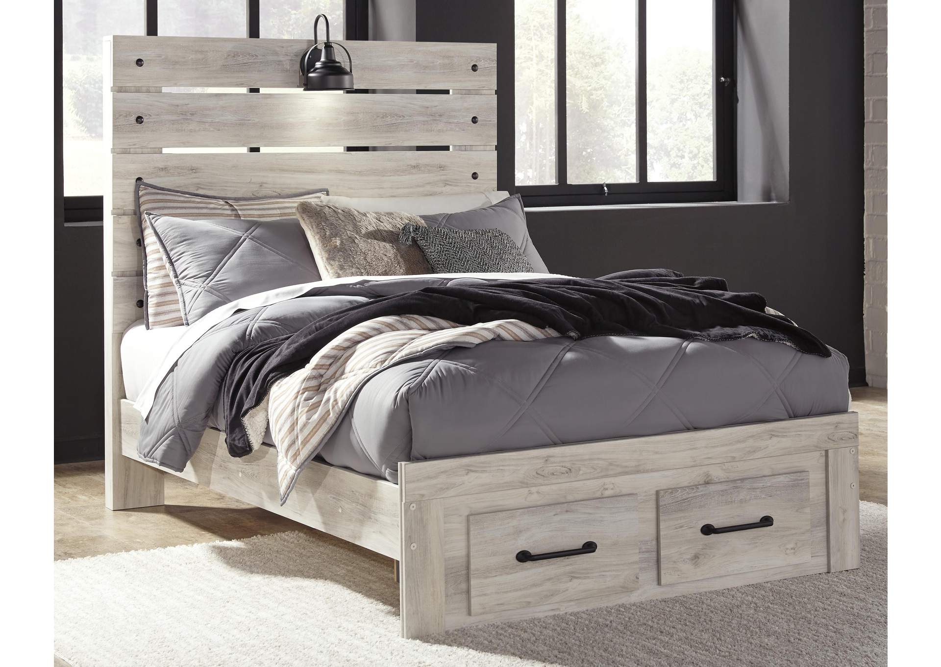 Cambeck Full Panel Bed with 2 Storage Drawers with Mirrored Dresser and 2 Nightstands room view
