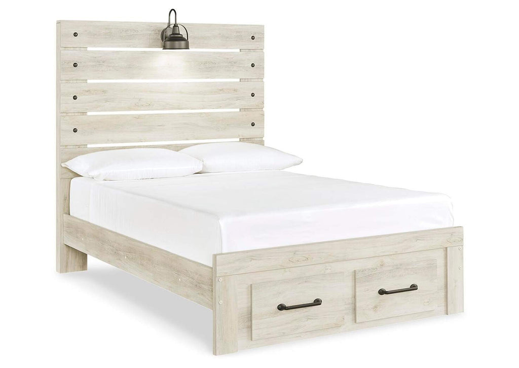 Cambeck Full Panel Bed with 2 Storage Drawers with Mirrored Dresser, Chest and Nightstand angled view