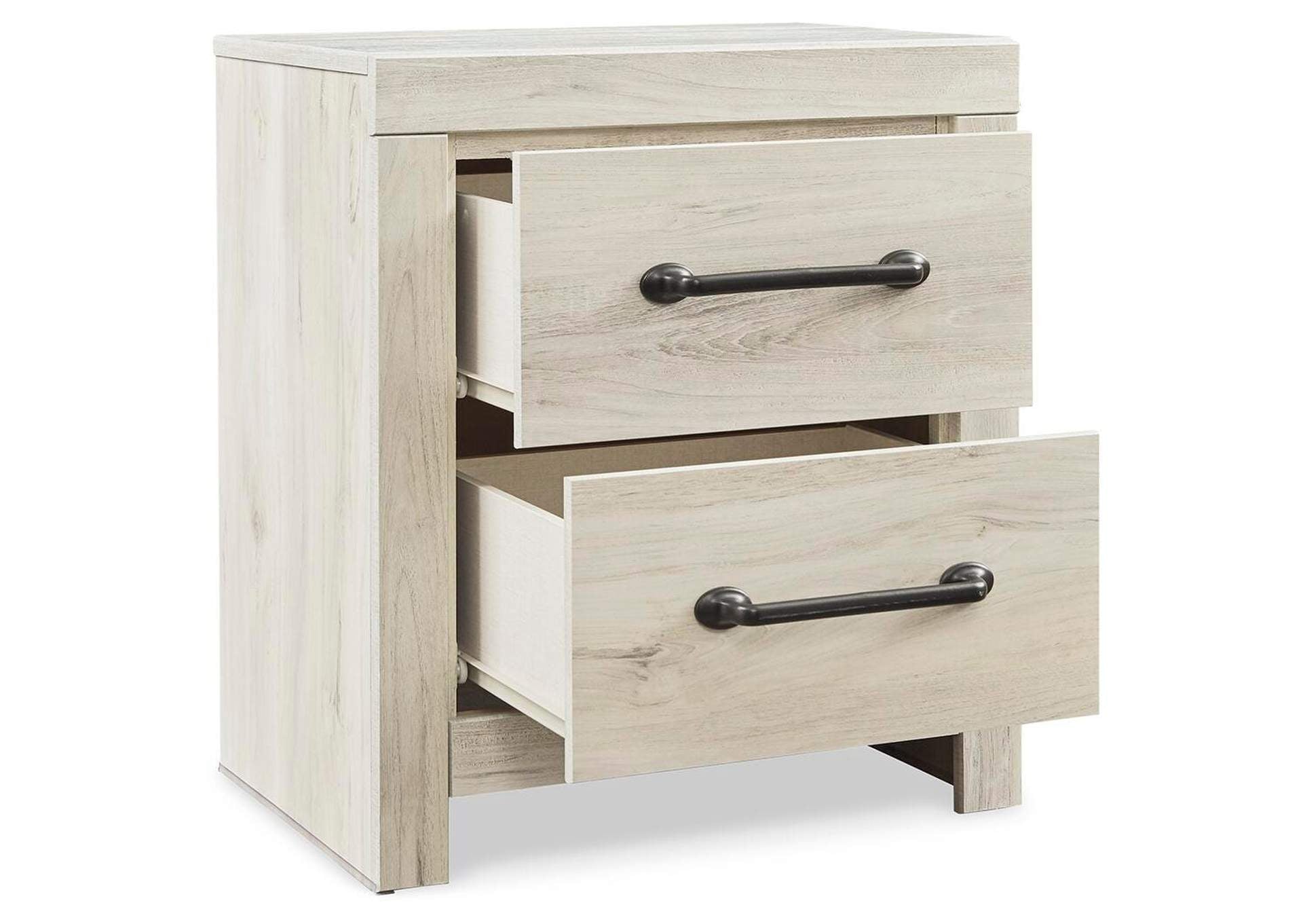 Cambeck Queen Panel Bed with 2 Storage Drawers with Mirrored Dresser and Nightstand angled view
