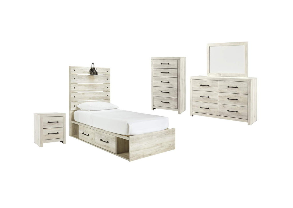 Cambeck Twin Panel Bed with 2 Storage Drawers with Mirrored Dresser, Chest and Nightstand