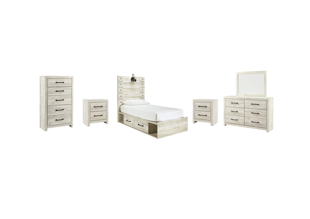 Cambeck Twin Panel Bed with 2 Storage Drawers with Mirrored Dresser, Chest and 2 Nightstands