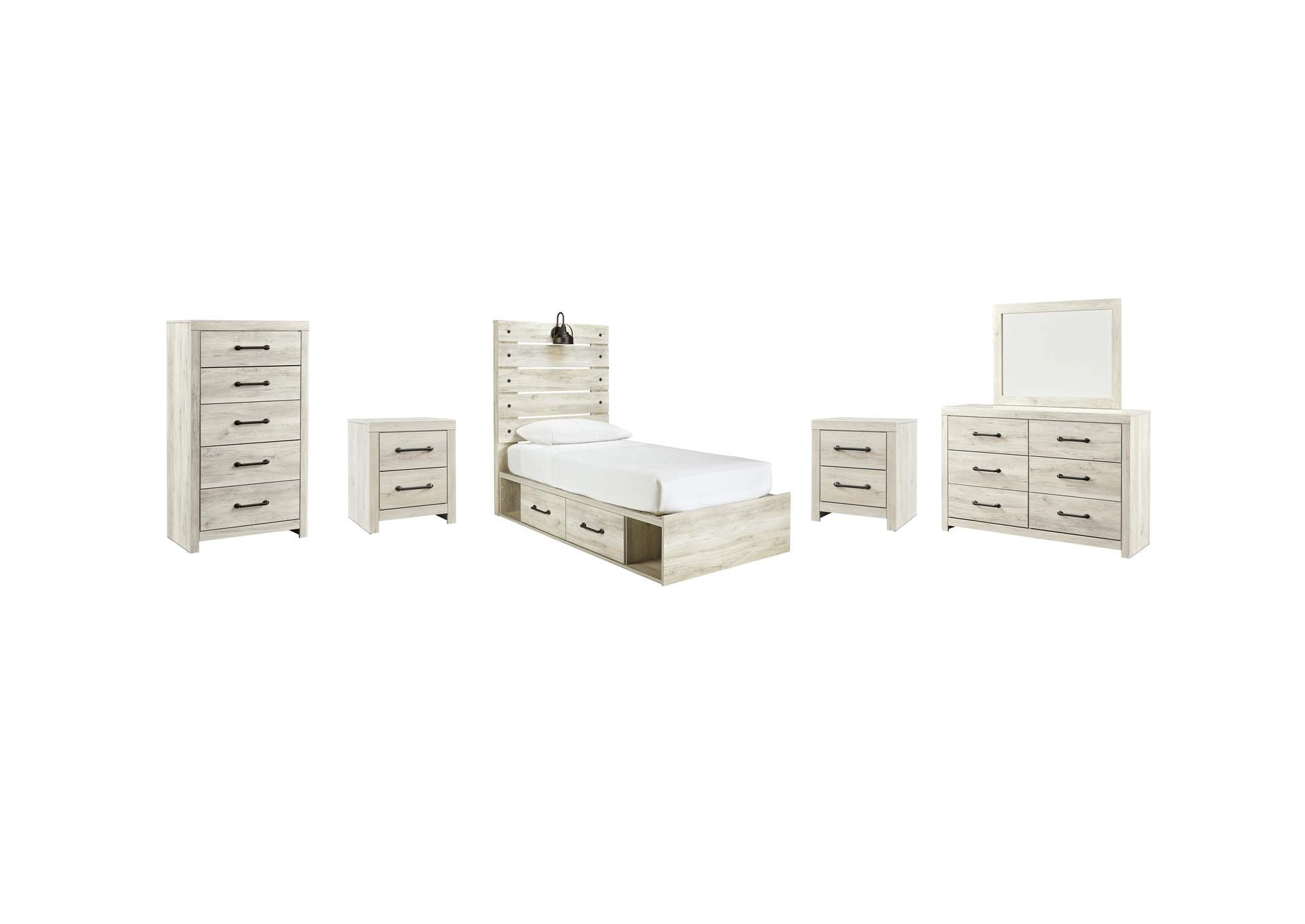 Cambeck Twin Panel Bed with 2 Storage Drawers with Mirrored Dresser, Chest and 2 Nightstands