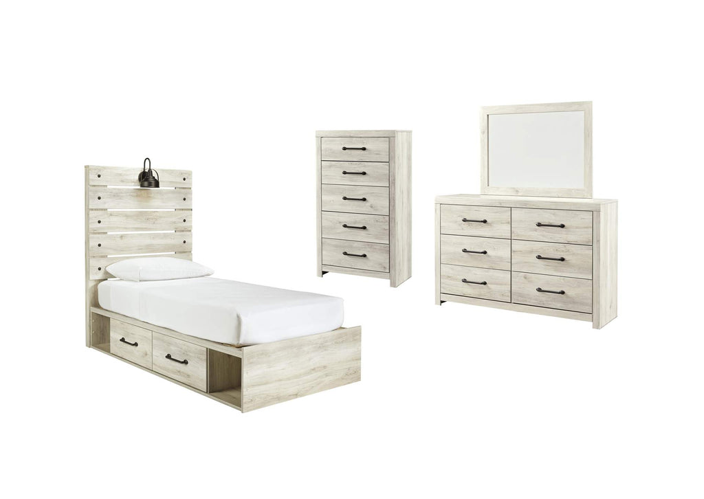 Cambeck Twin Panel Bed with 2 Storage Drawers with Mirrored Dresser and Chest