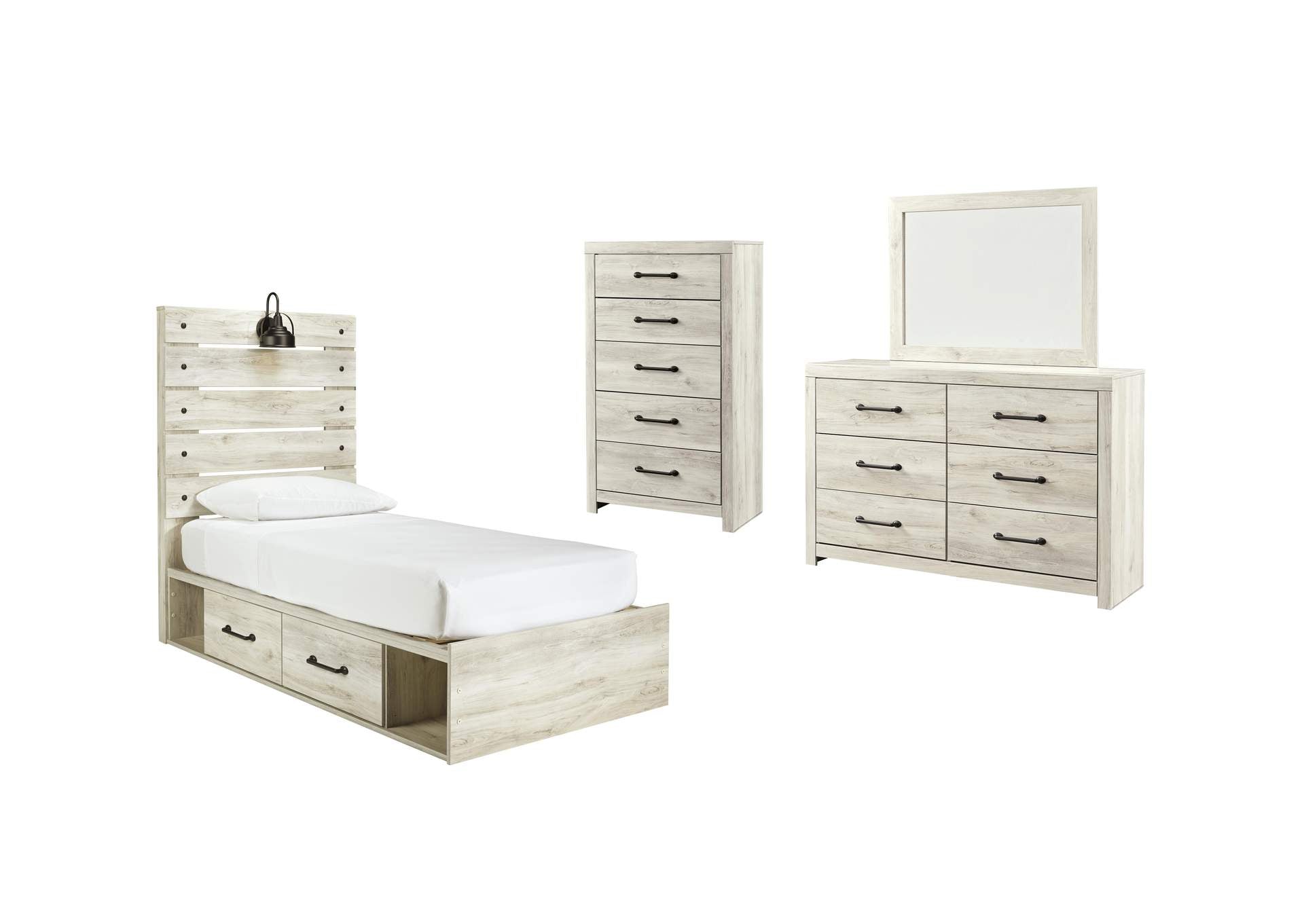 Cambeck Twin Panel Bed with 2 Storage Drawers with Mirrored Dresser and Chest