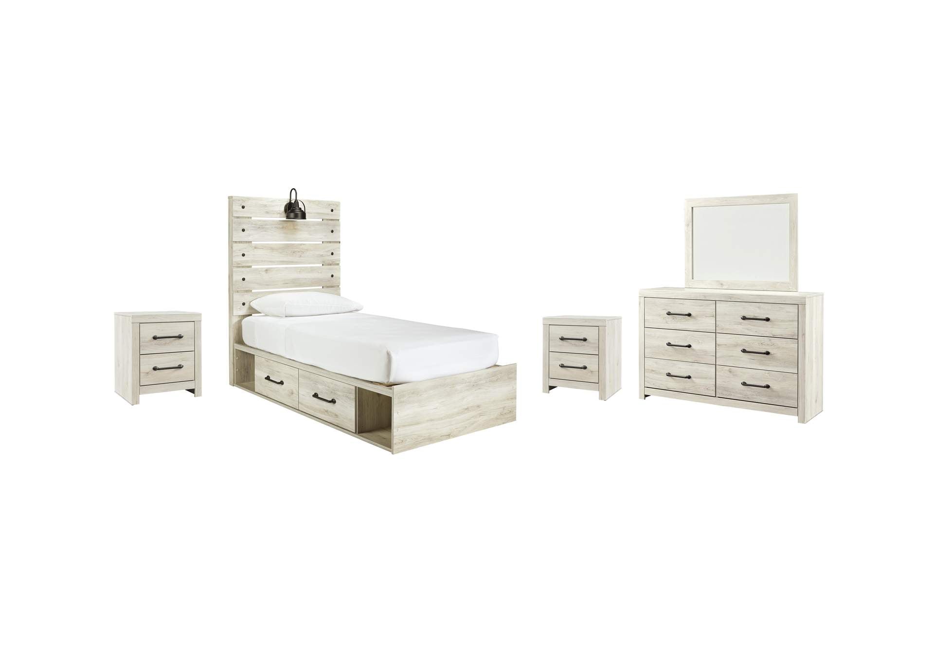 Cambeck Twin Panel Bed with 2 Storage Drawers with Mirrored Dresser and 2 Nightstands