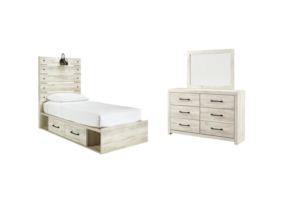 Cambeck Twin Panel Bed with 2 Storage Drawers with Mirrored Dresser