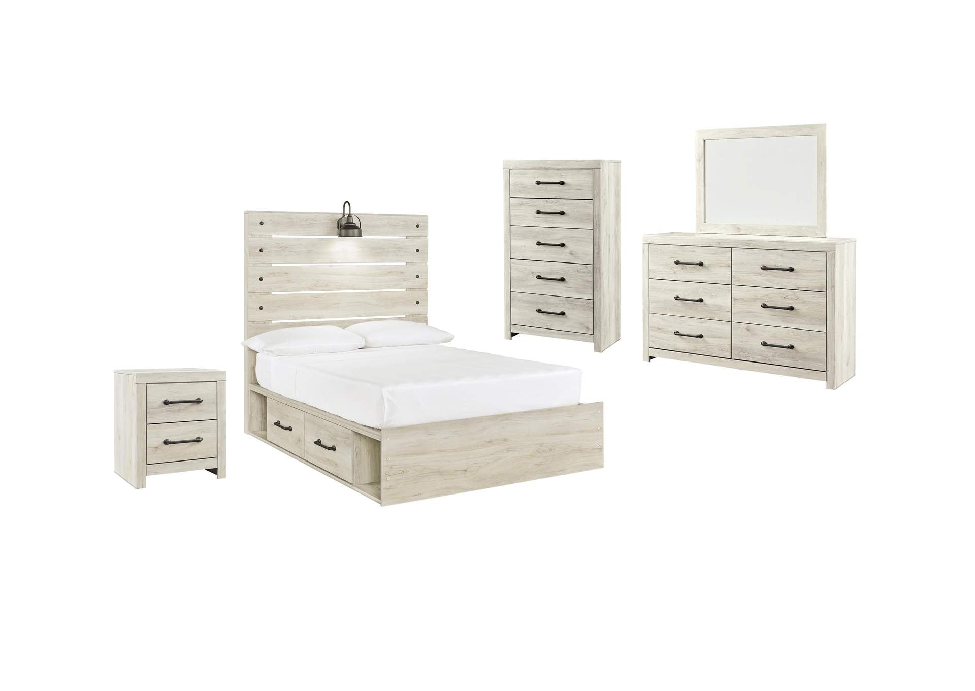 Cambeck Full Panel Bed with 2 Storage Drawers with Mirrored Dresser, Chest and Nightstand