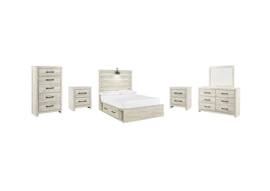 Cambeck Full Panel Bed with 2 Storage Drawers with Mirrored Dresser, Chest and 2 Nightstands