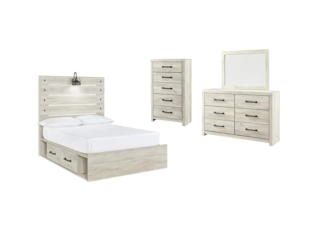 Cambeck Full Panel Bed with 2 Storage Drawers with Mirrored Dresser and Chest