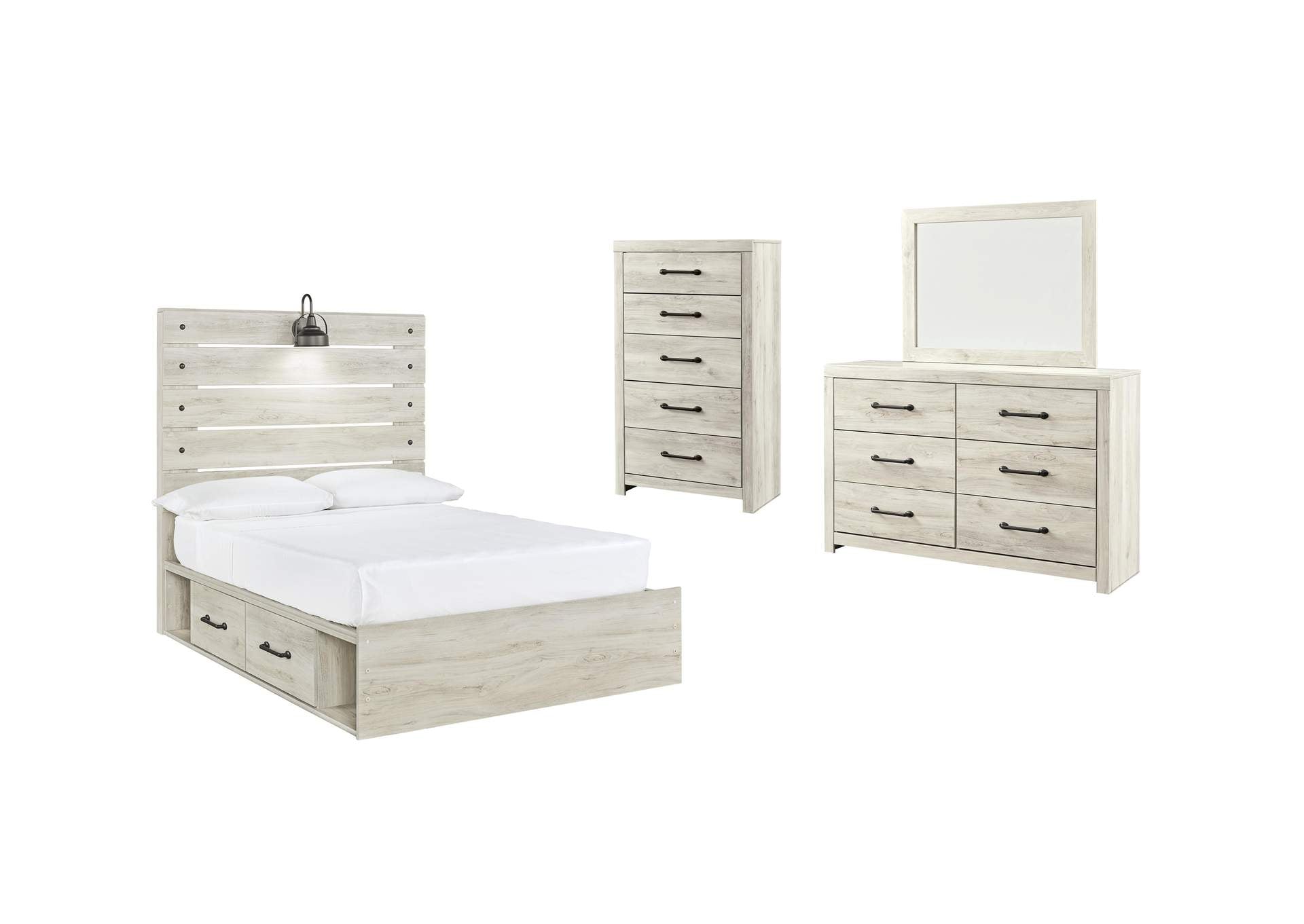 Cambeck Full Panel Bed with 2 Storage Drawers with Mirrored Dresser and Chest