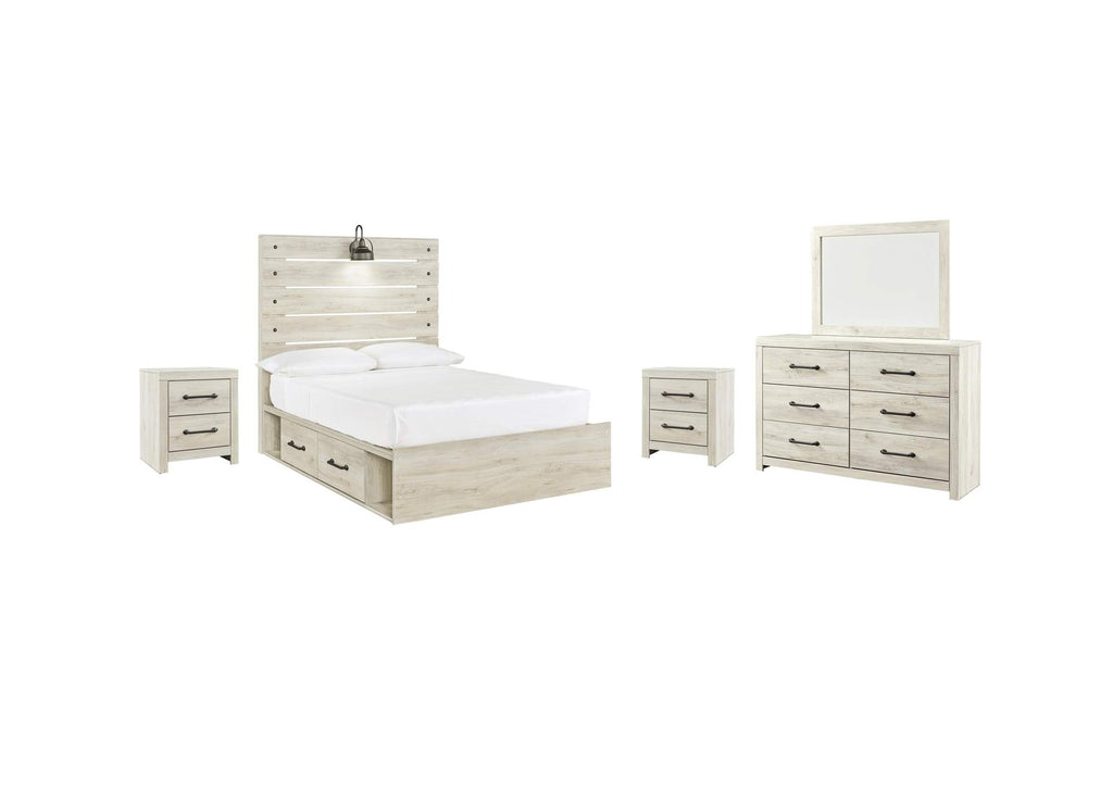 Cambeck Full Panel Bed with 2 Storage Drawers with Mirrored Dresser and 2 Nightstands