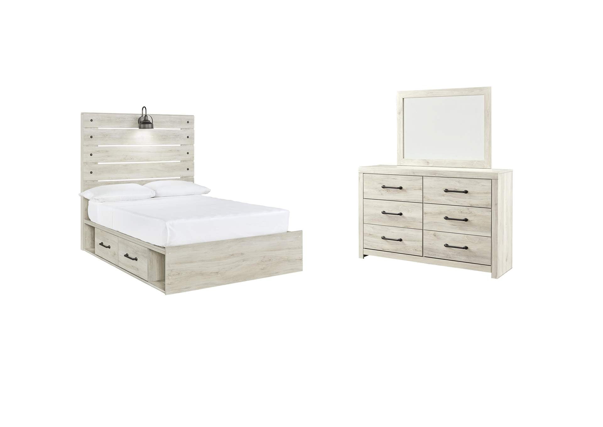 Cambeck Full Panel Bed with 2 Storage Drawers with Mirrored Dresser