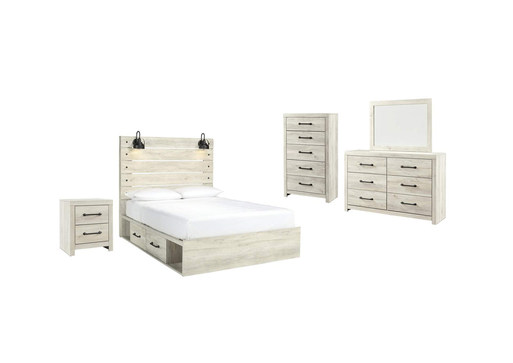 Cambeck Queen Panel Bed with 2 Storage Drawers with Mirrored Dresser, Chest and Nightstand