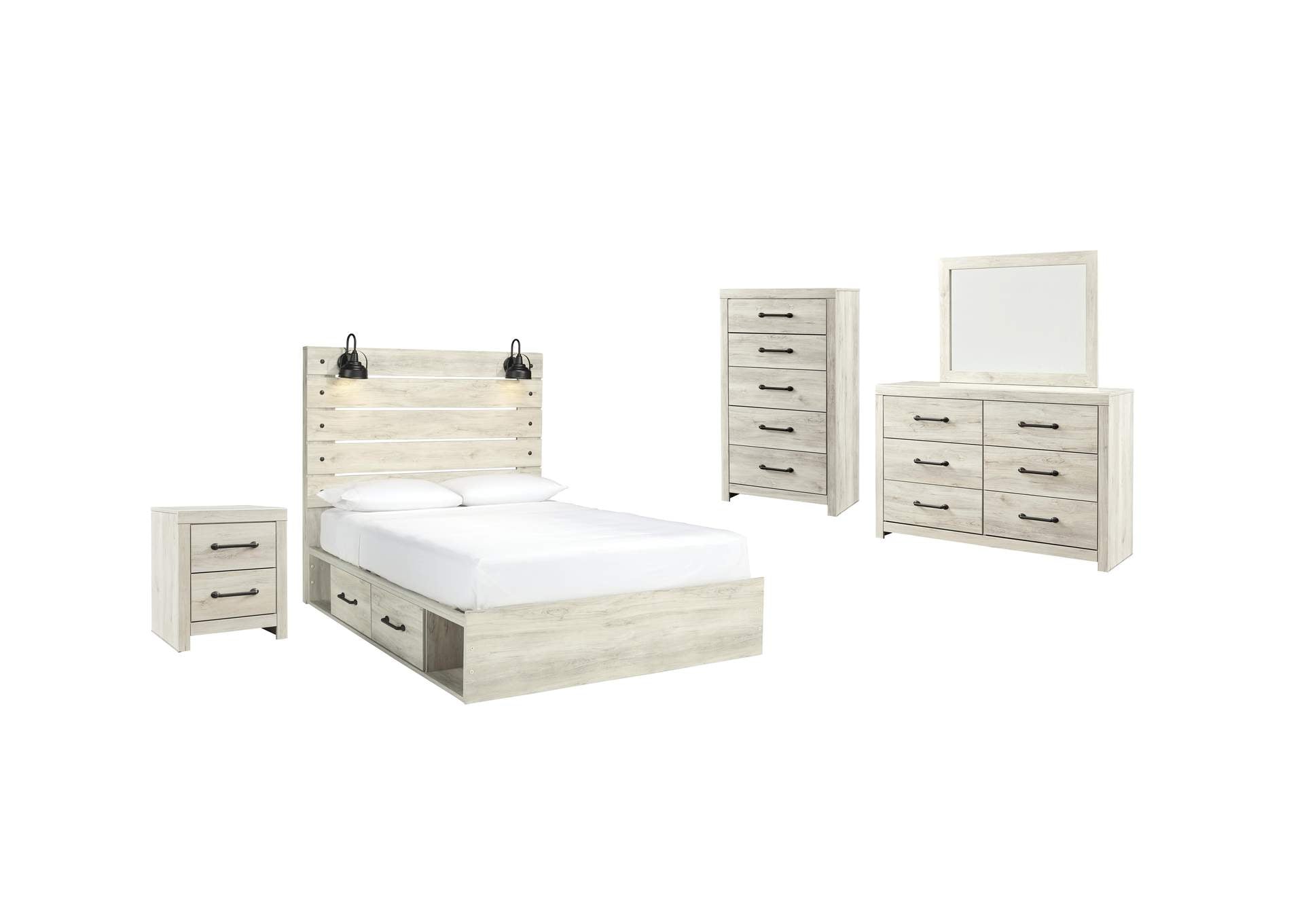 Cambeck Queen Panel Bed with 2 Storage Drawers with Mirrored Dresser, Chest and Nightstand