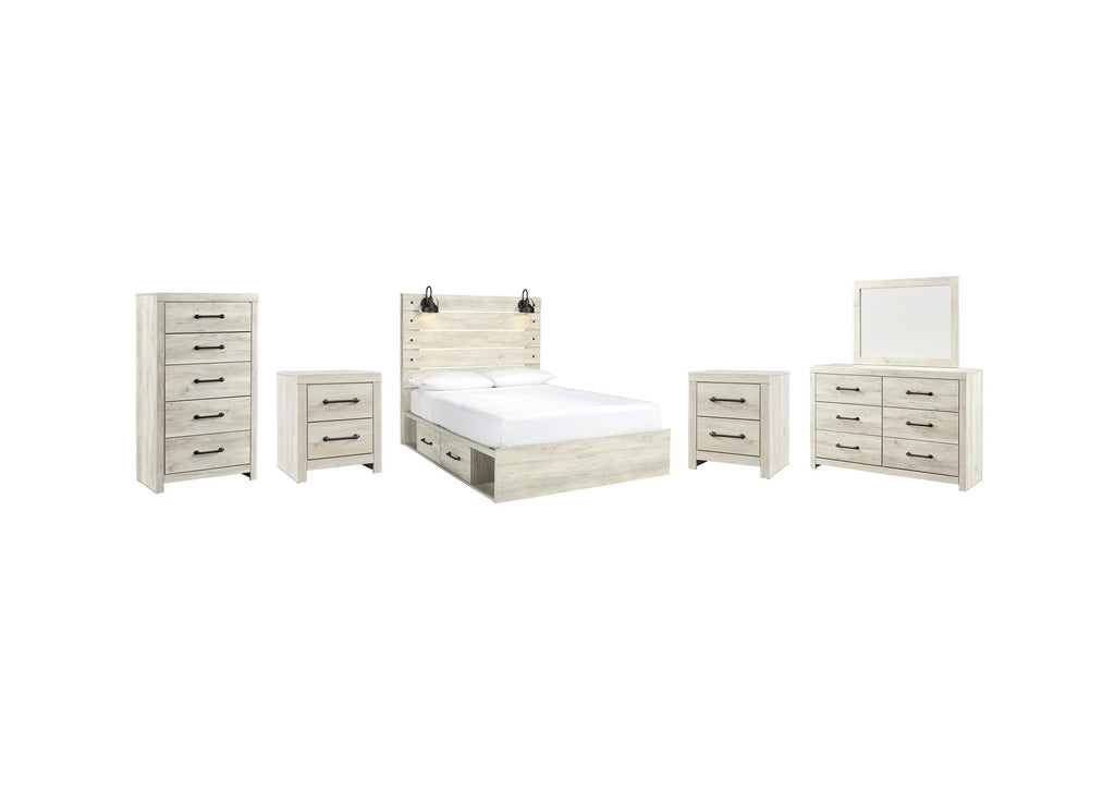 Cambeck Queen Panel Bed with 2 Storage Drawers with Mirrored Dresser, Chest and 2 Nightstands