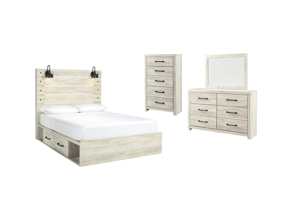 Cambeck Queen Panel Bed with 2 Storage Drawers with Mirrored Dresser and Chest