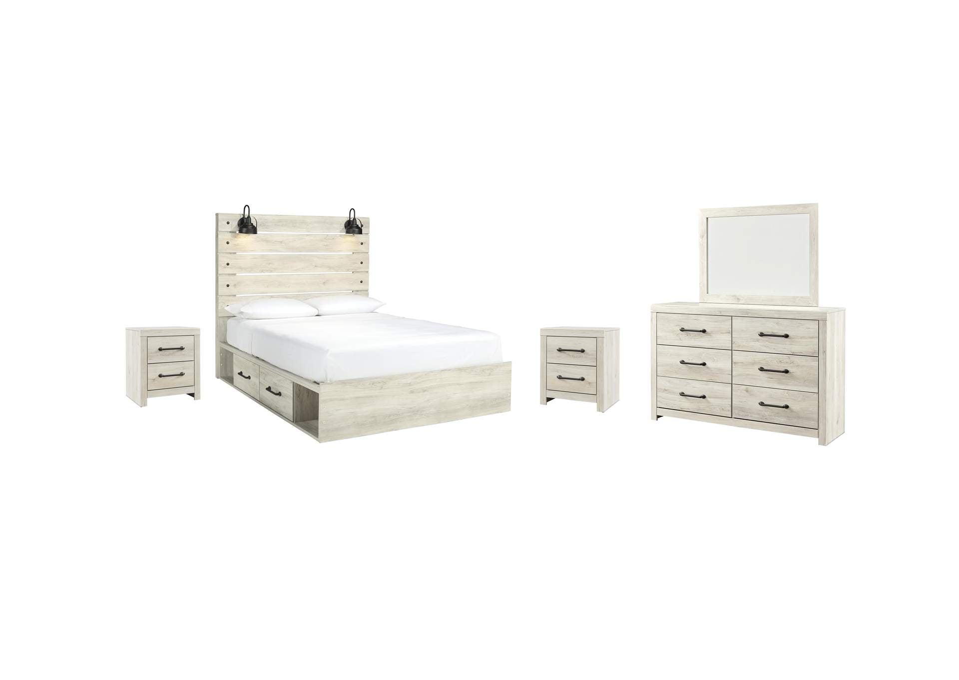 Cambeck Queen Panel Bed with 2 Storage Drawers with Mirrored Dresser and 2 Nightstands