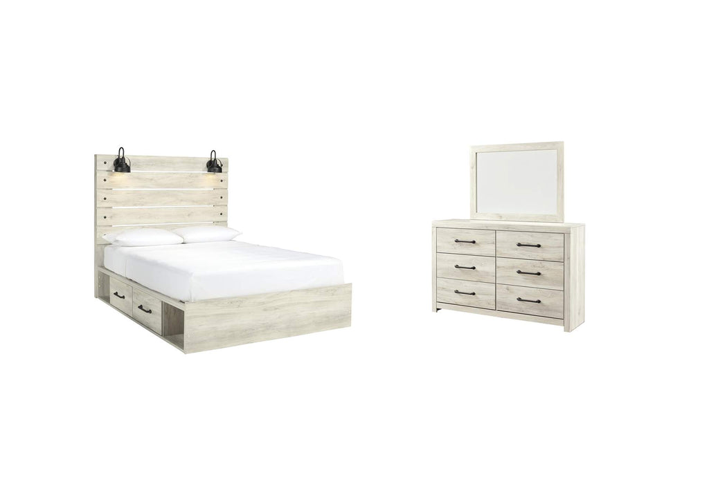 Cambeck Queen Panel Bed with 2 Storage Drawers with Mirrored Dresser
