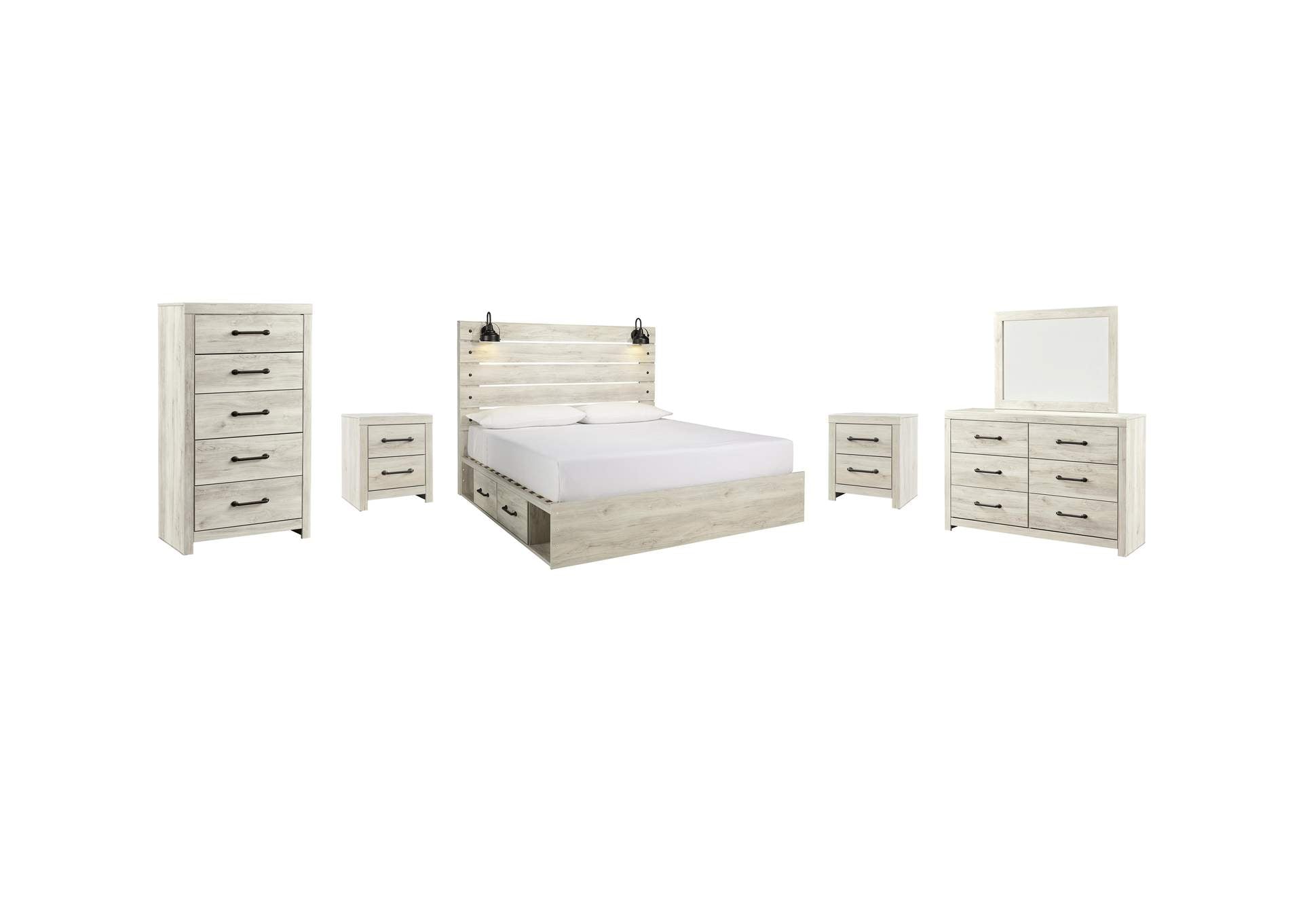 Cambeck King Panel Bed with 2 Storage Drawers with Mirrored Dresser, Chest and 2 Nightstands