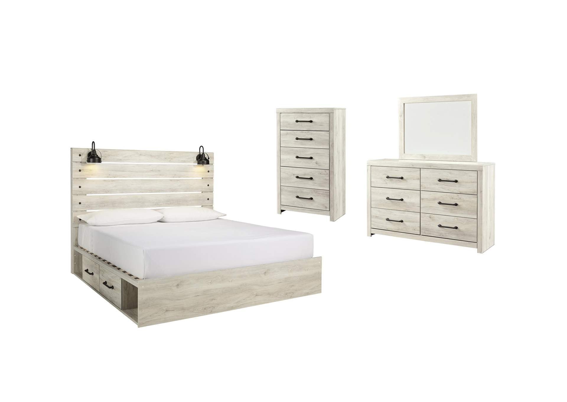 Cambeck King Panel Bed with 2 Storage Drawers with Mirrored Dresser, Chest and Nightstand
