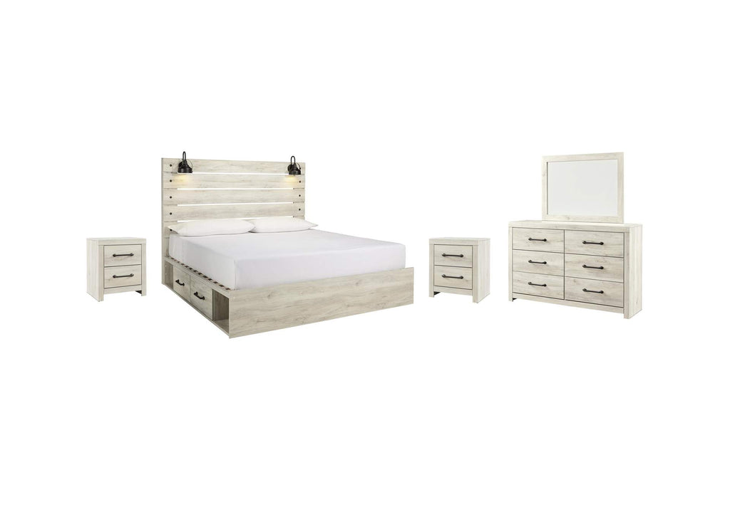 Cambeck King Panel Bed with 2 Storage Drawers with Mirrored Dresser and 2 Nightstands