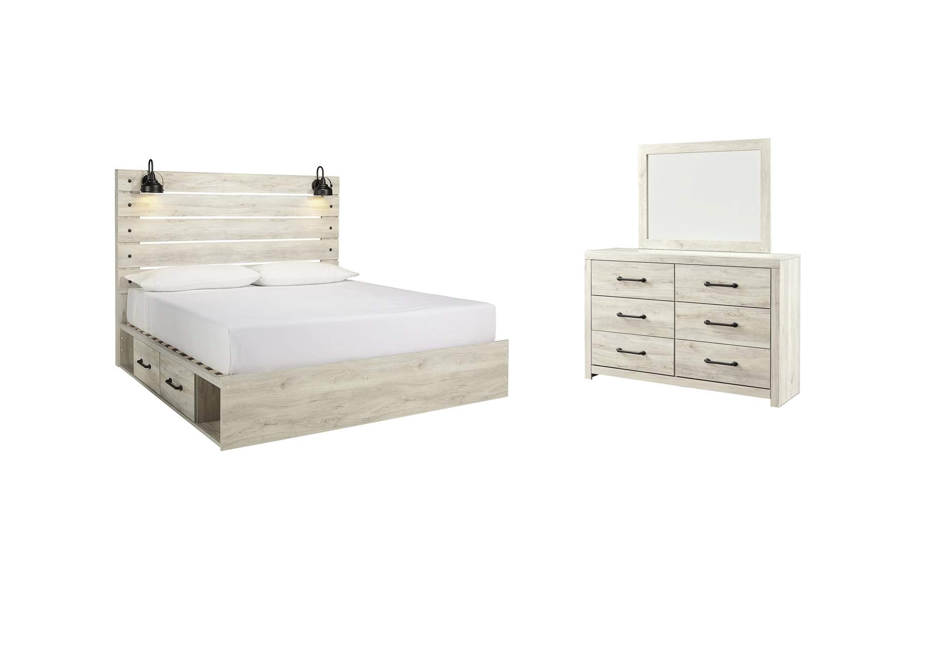 Cambeck King Panel Bed with 2 Storage Drawers with Mirrored Dresser
