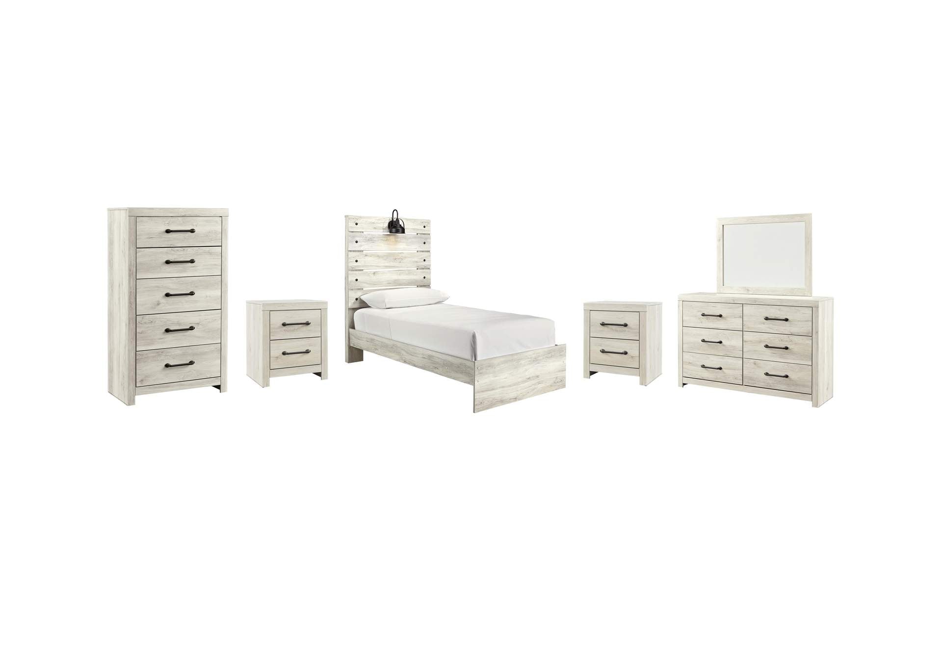 Cambeck Twin Panel Bed with Mirrored Dresser, Chest and 2 Nightstands