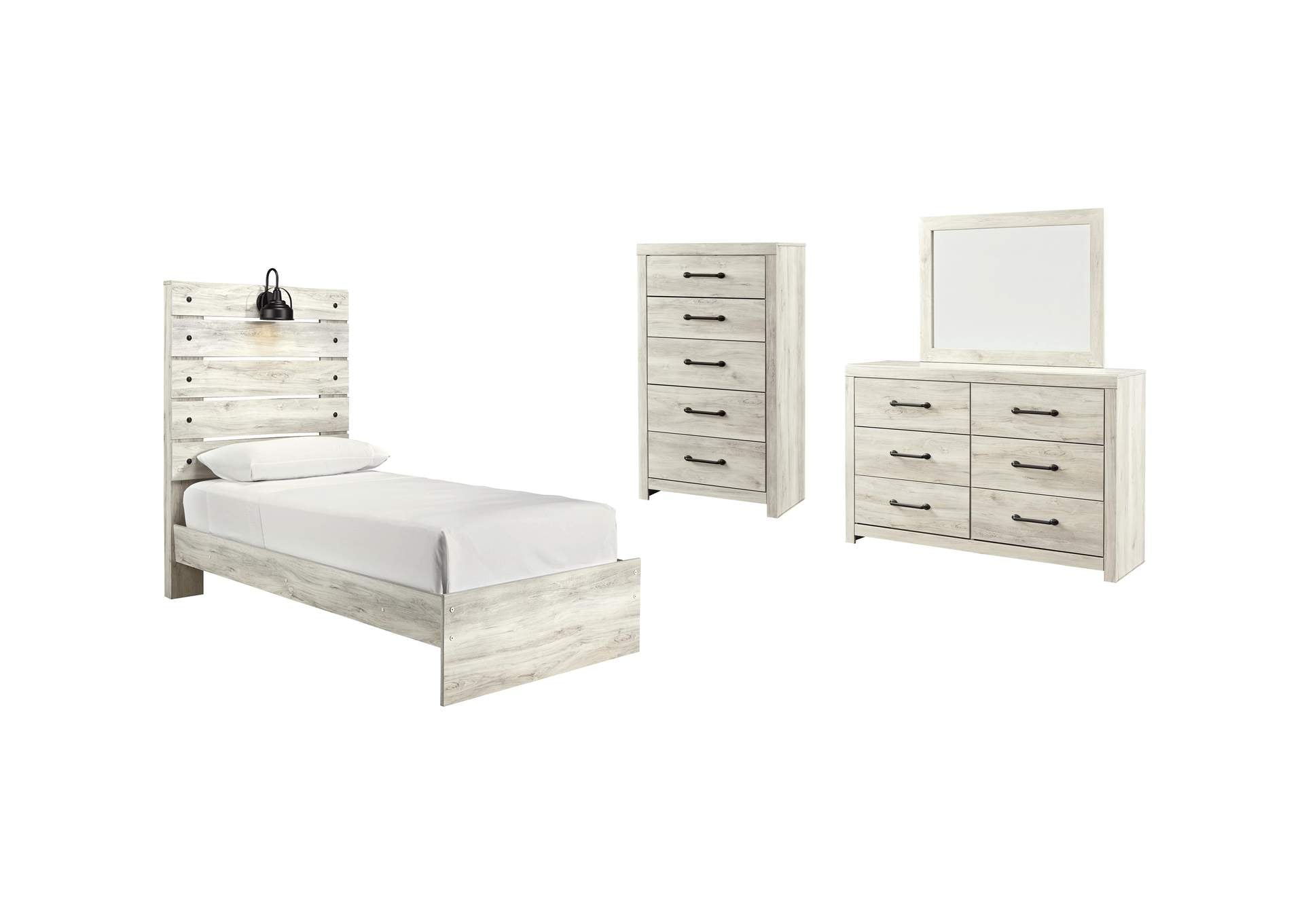 Cambeck Twin Panel Bed with Mirrored Dresser and Chest