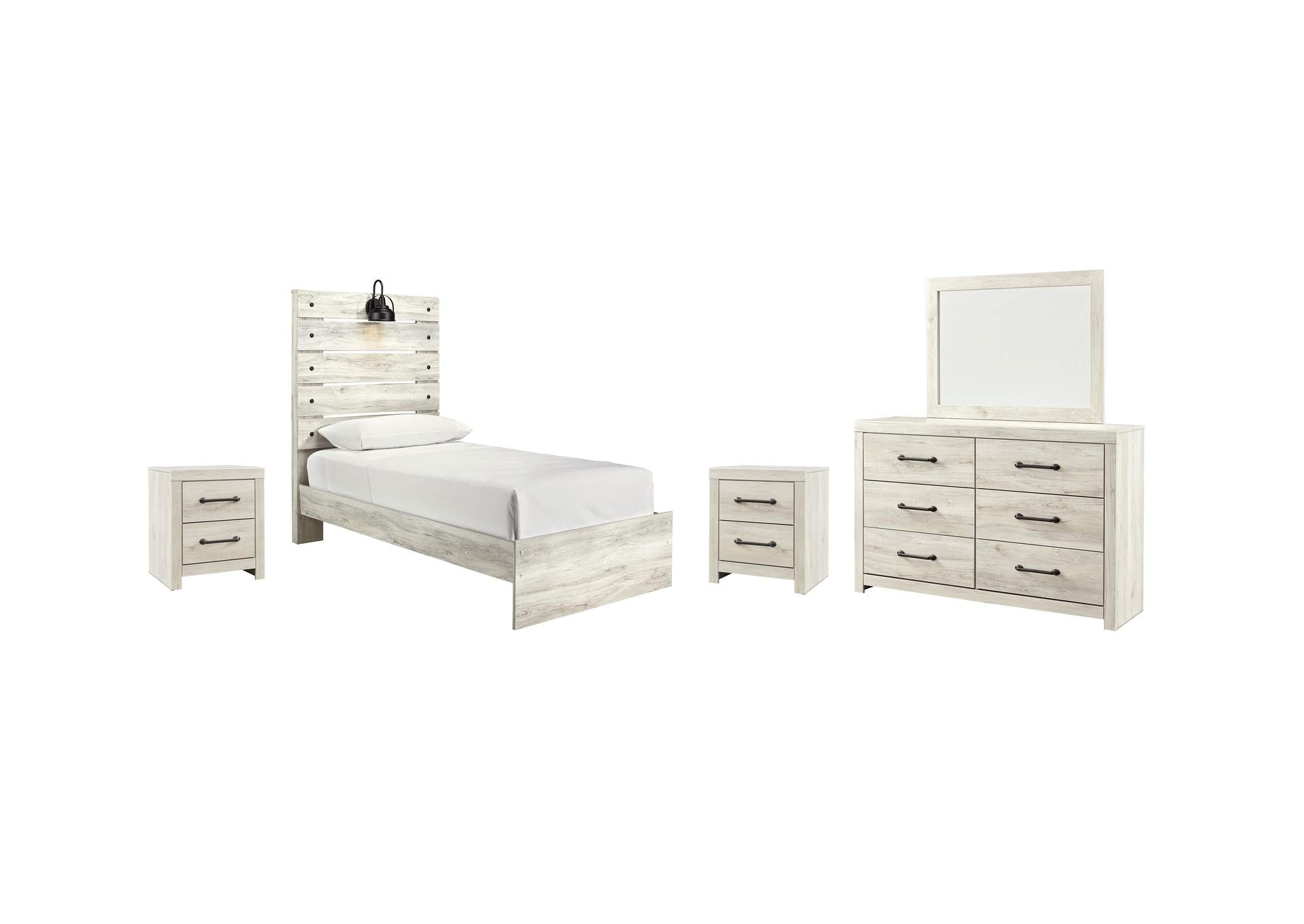 Cambeck Twin Panel Bed with Mirrored Dresser and 2 Nightstands