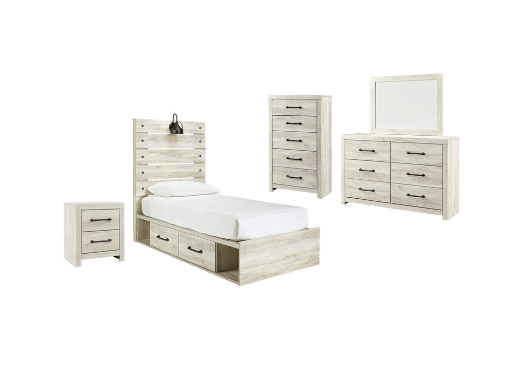 Cambeck Twin Panel Bed with 4 Storage Drawers with Mirrored Dresser, Chest and Nightstand