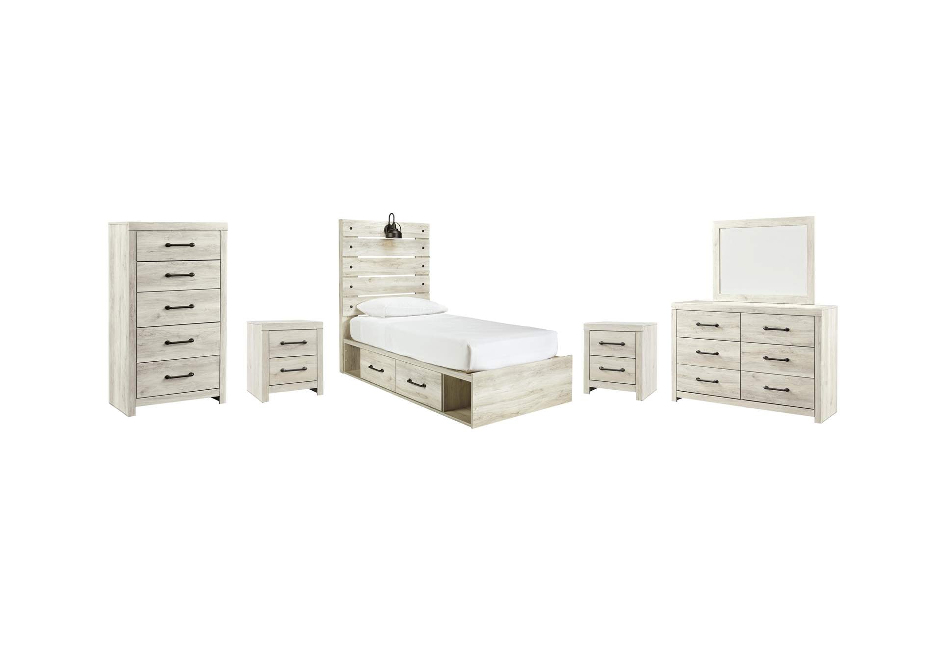 Cambeck Twin Panel Bed with 4 Storage Drawers with Mirrored Dresser, Chest and 2 Nightstands
