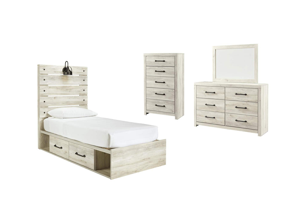 Cambeck Twin Panel Bed with 4 Storage Drawers with Mirrored Dresser and Chest