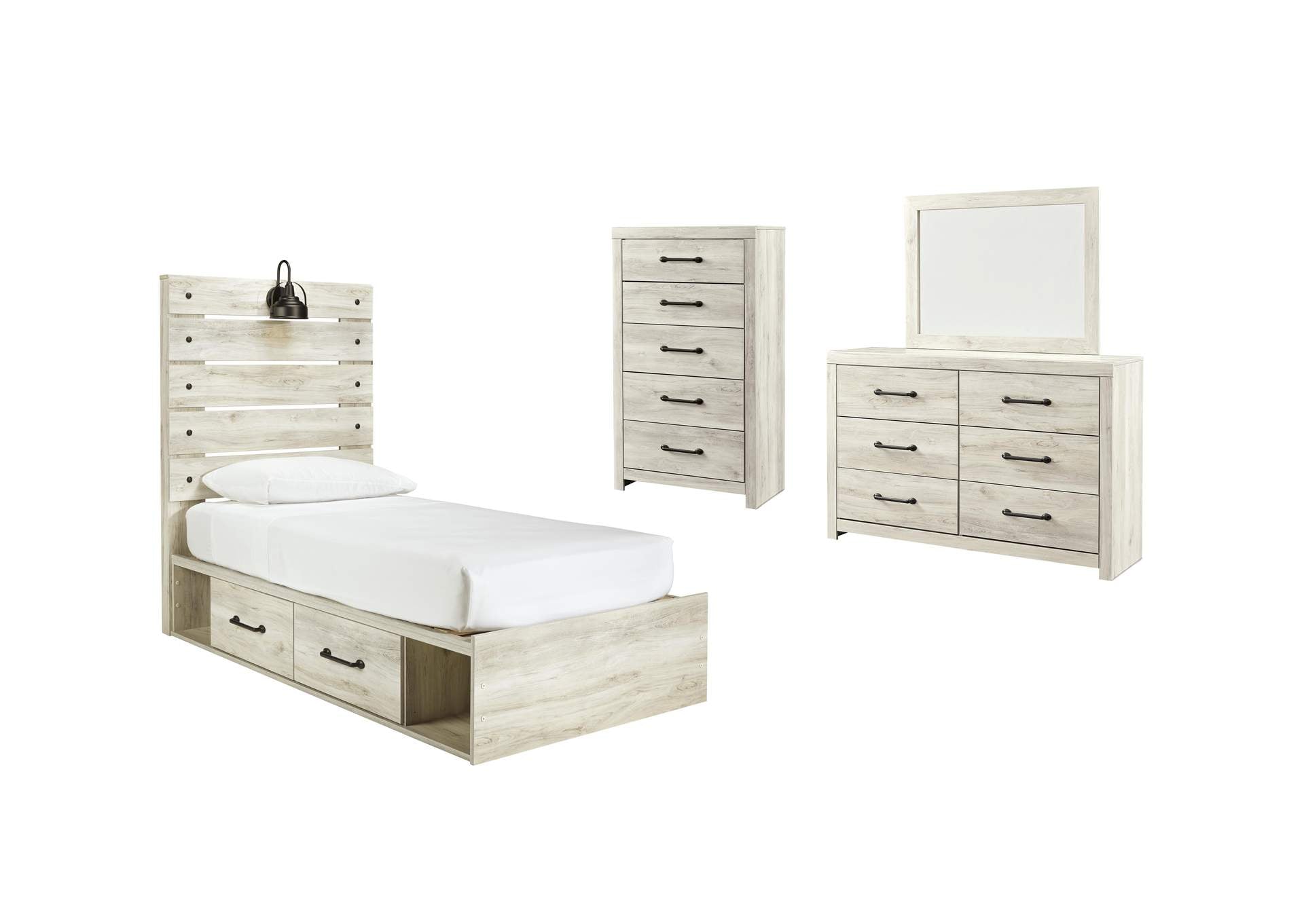 Cambeck Twin Panel Bed with 4 Storage Drawers with Mirrored Dresser and Chest