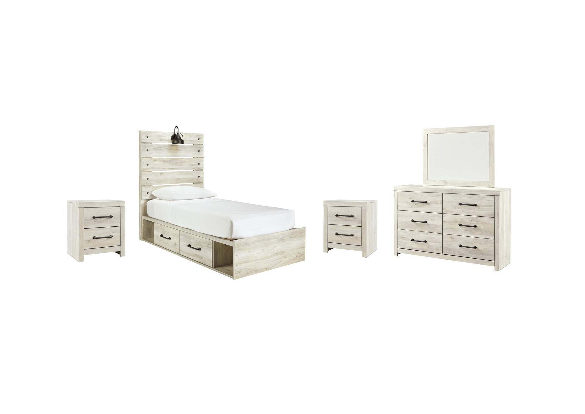 Cambeck Twin Panel Bed with 4 Storage Drawers with Mirrored Dresser and 2 Nightstands