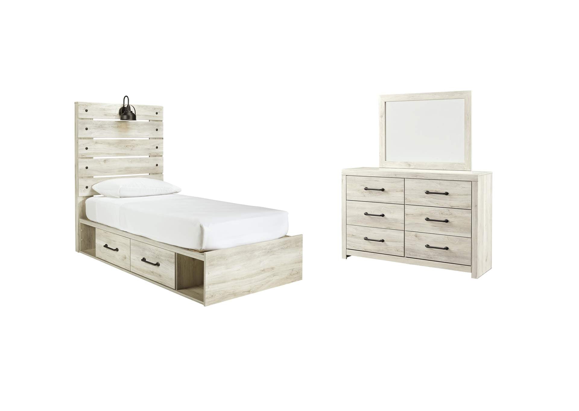 Cambeck Twin Panel Bed with 4 Storage Drawers with Mirrored Dresser