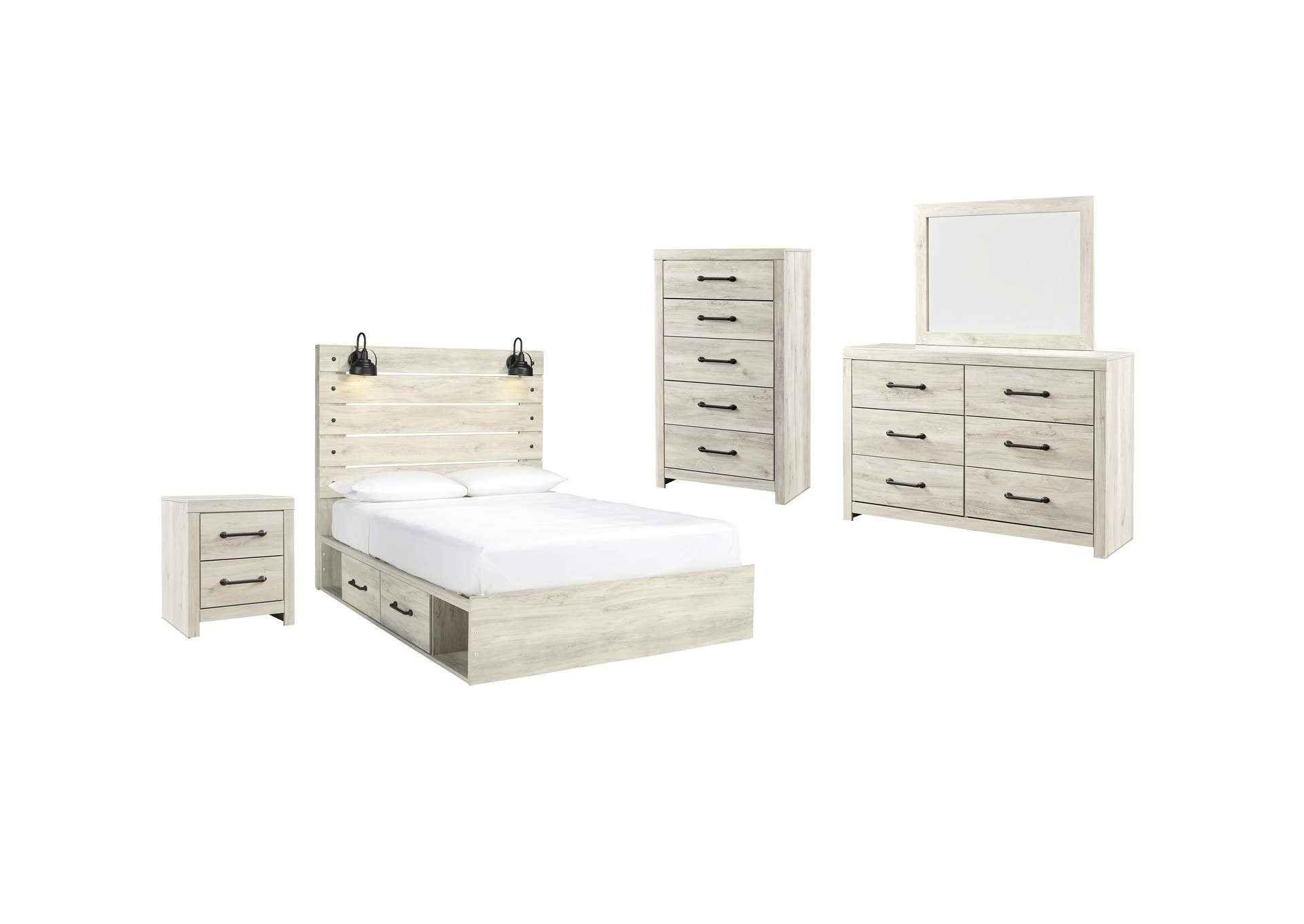 Cambeck Queen Panel Bed with 4 Storage Drawers with Mirrored Dresser, Chest and Nightstand