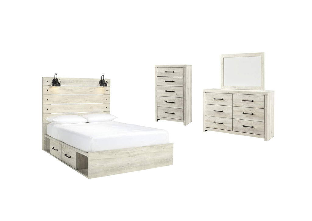 Cambeck Queen Panel Bed with 4 Storage Drawers with Mirrored Dresser and Chest