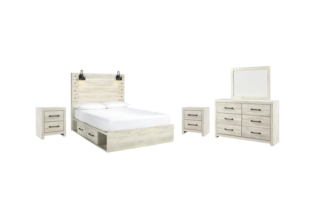 Cambeck Queen Panel Bed with 4 Storage Drawers with Mirrored Dresser and 2 Nightstands