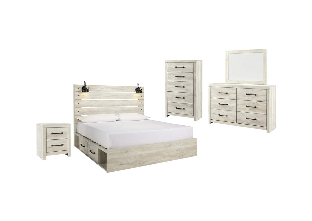 Cambeck King Panel Bed with 4 Storage Drawers with Mirrored Dresser, Chest and Nightstand