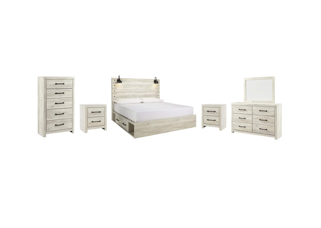 Cambeck King Panel Bed with 4 Storage Drawers with Mirrored Dresser, Chest and 2 Nightstands