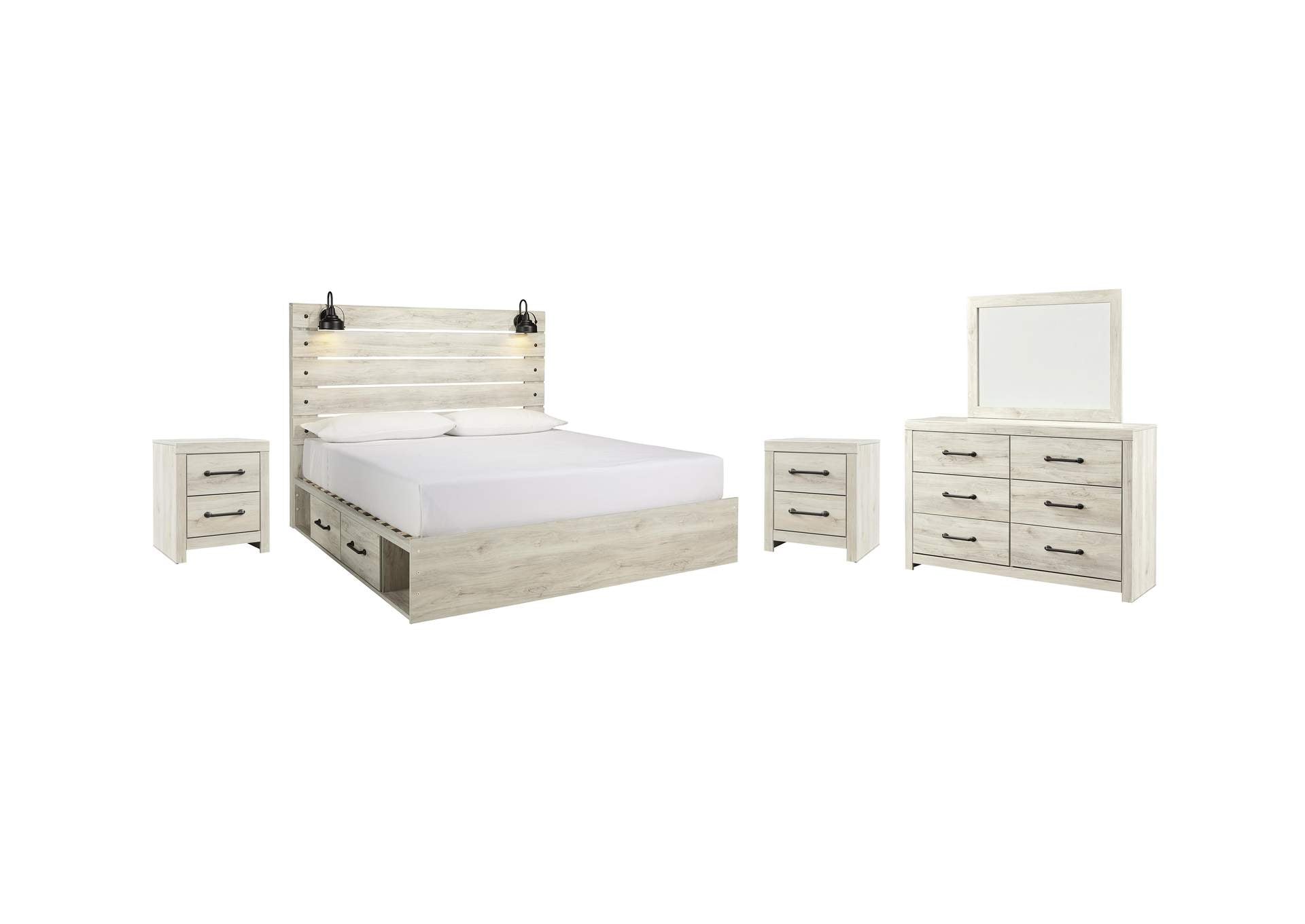 Cambeck King Panel Bed with 4 Storage Drawers with Mirrored Dresser and 2 Nightstands